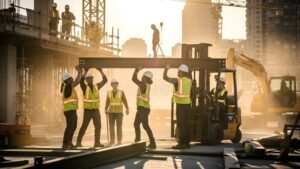 chantier de construction avec ouvriers actifs