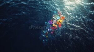 debris plastiques flottant sur ocean bleu profond