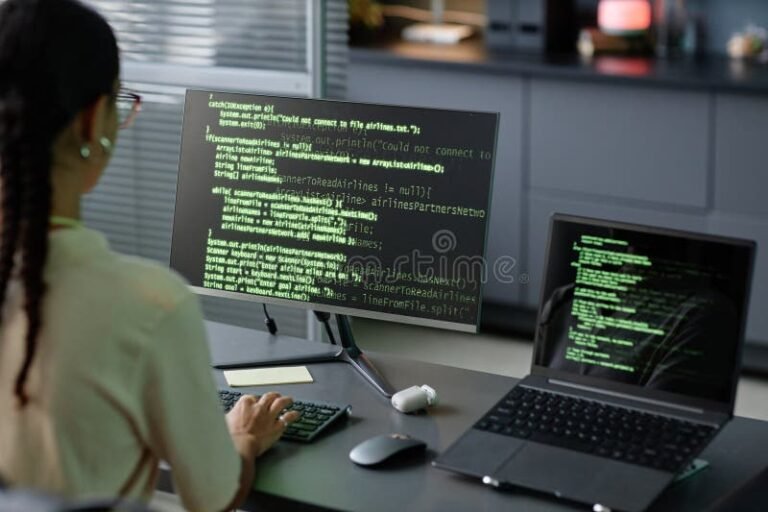 developpeur codant sur plusieurs ecrans connectes