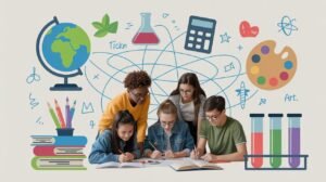 etudiant reflechissant devant symboles scientifiques colores