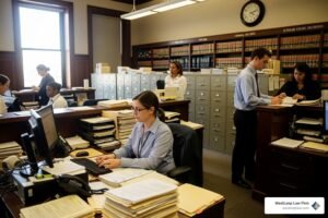 greffier en tribunal avec documents officiels devant