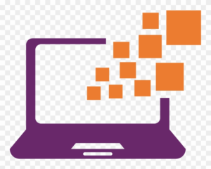 ordinateur avec icones de competences informatiques colorees