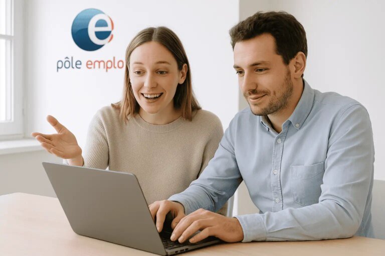 personne consultant ordinateur avec logo pole emploi