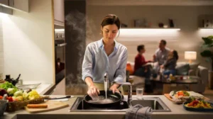 personne cuisinant le soir en cuisine moderne