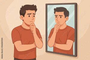 personne regardant son reflet avec doute