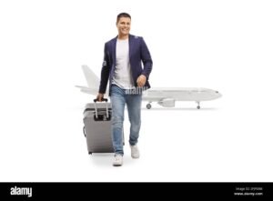 personne souriante avec valise devant avion